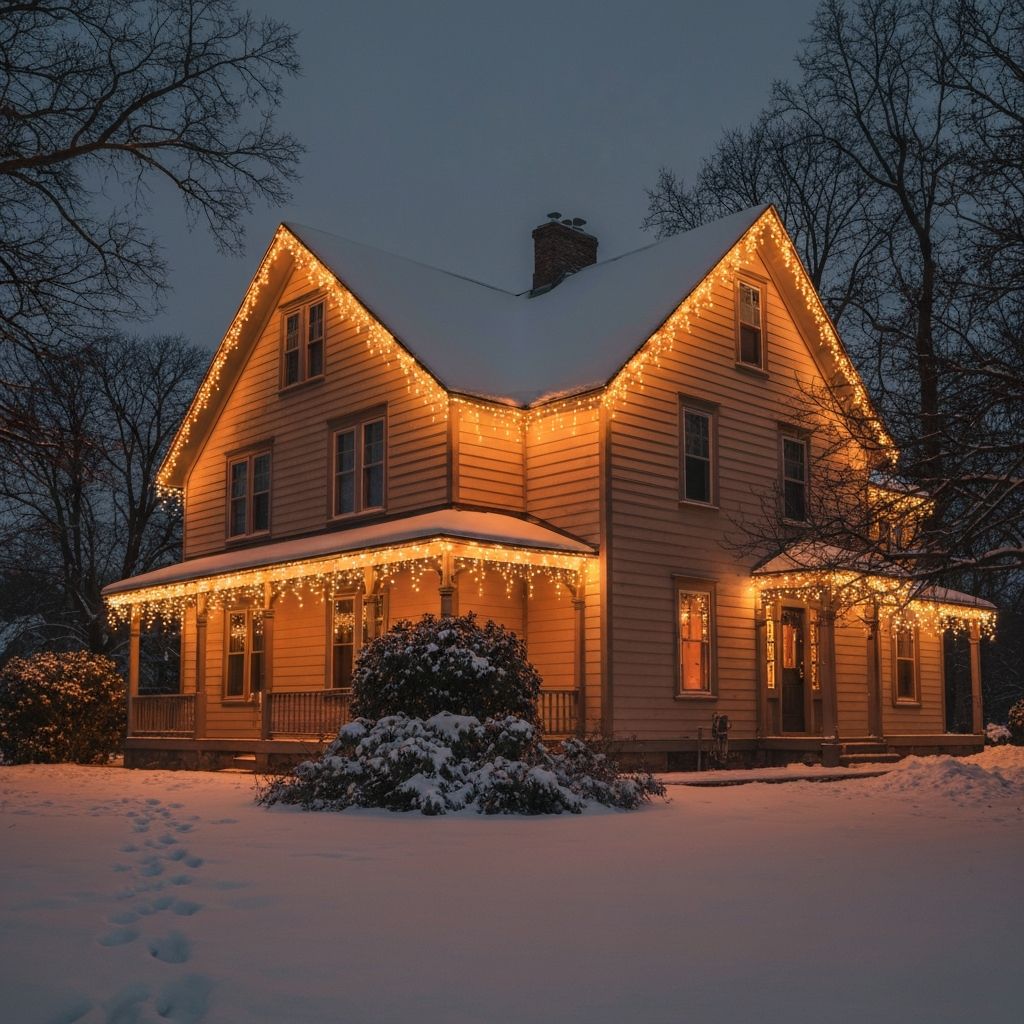 Beautiful Dallas home with professional Christmas lights installed on roofline and trees at dusk
