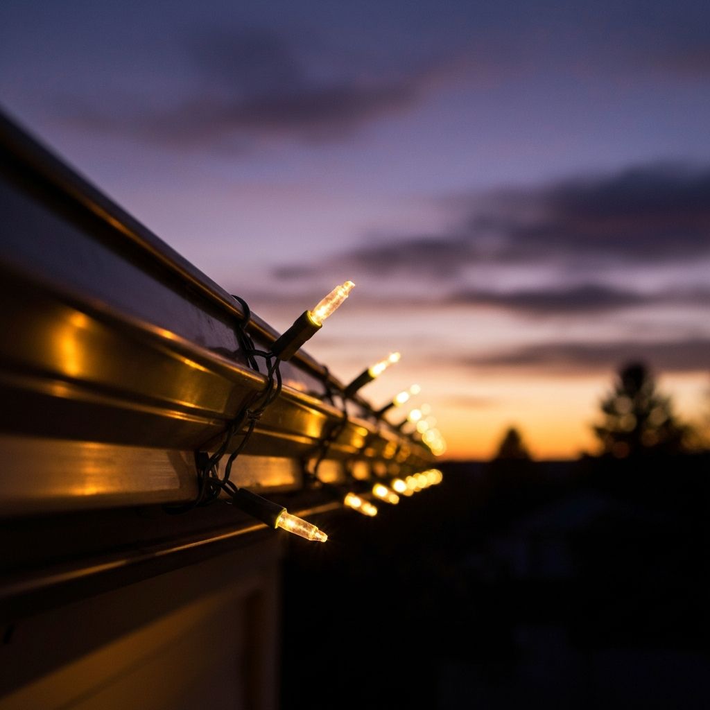 Professional installer carefully hanging Christmas lights on a Dallas home